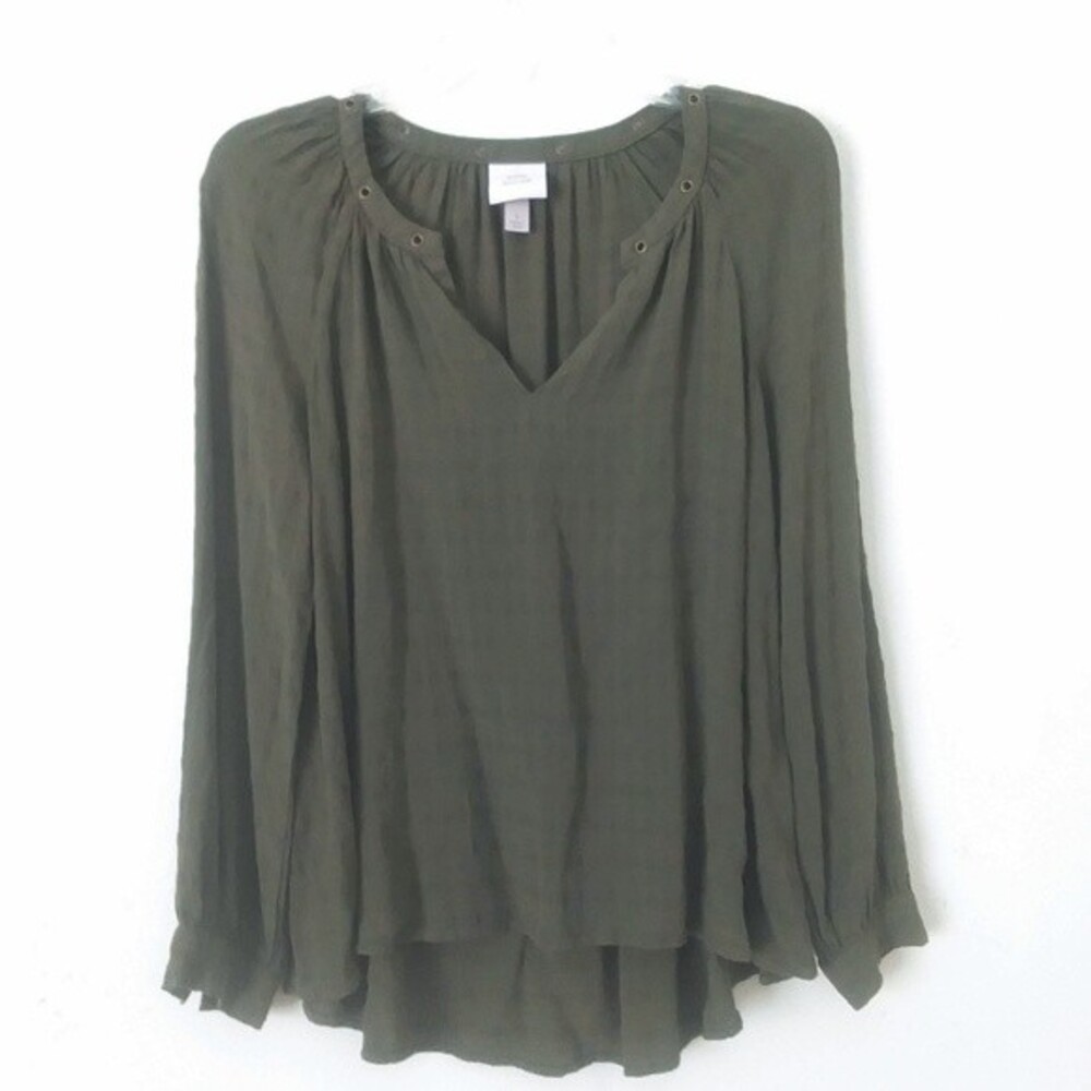 Knox Rose Forest Green Split V-Neck Rayon Blouse, Size Small, Long Sleeve